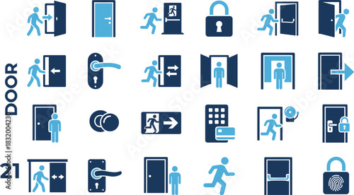 Security and Access Door Icons Set, Entrance Exit Signs, User Interface Pictograms, Modern Graphic Elements for Websites, Mobile Applications, and Safety Presentations, Vector Collection.