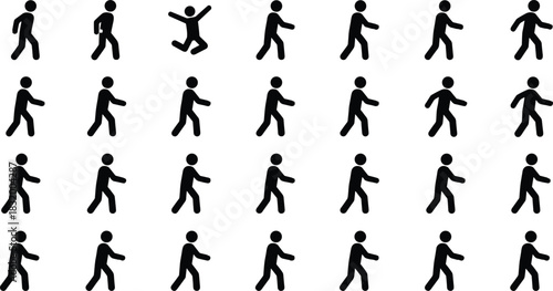 Human Figure Black Silhouette Icons Set Walking Jumping Running Poses Stickman Man People Movement Sequence Animation Sprite Sheet Graphics Concept Isolated White Background Vector Illustration