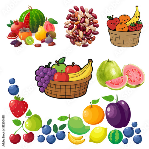 Vibrant fruit and legumes assortment for healthy eating promotion, original vector graphic