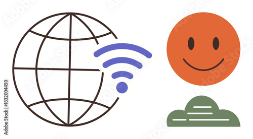 Globe with wireless waves, smiling face, and abstract cloud shape. Ideal for technology, communication, connection, positivity, internet access global reach future innovation. Simple flat metaphor