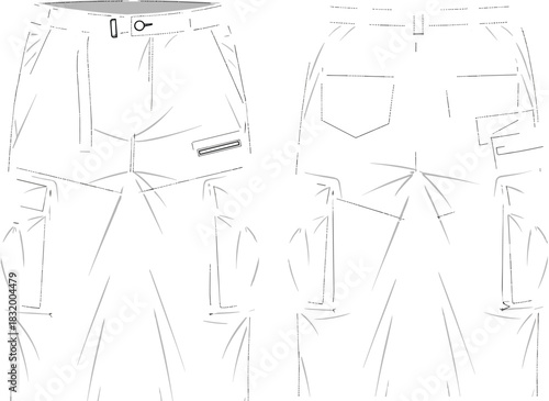 Technical flat sketch drawing vector blueprint of men's contemporary cargo workwear trousers with multiple utilitarian patch pockets and durable belt loops detailed front and back.