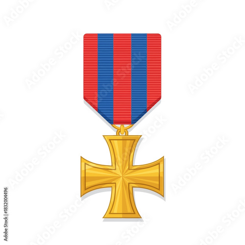 Ornate golden cross medal with vibrant red and blue striped ribbon representing achievement honor