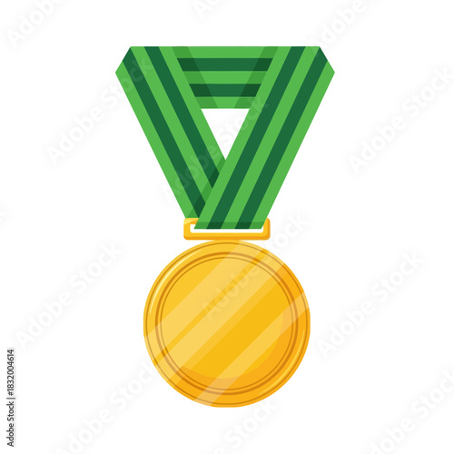 Isolated golden medal emblem with a decorative green ribbon for champions achievement