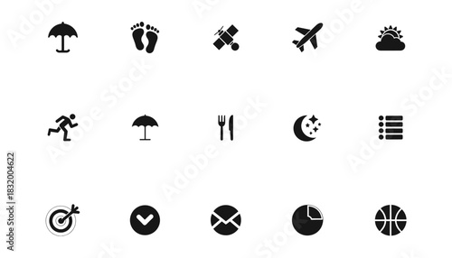 Set of 15 Universal Black Glyph Icons Including Travel, Weather, Health, Sport, Navigation, and Business Symbols in a Simple and Modern Vector Collection.