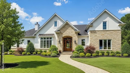 Elegant home exterior with stone and lush lawn