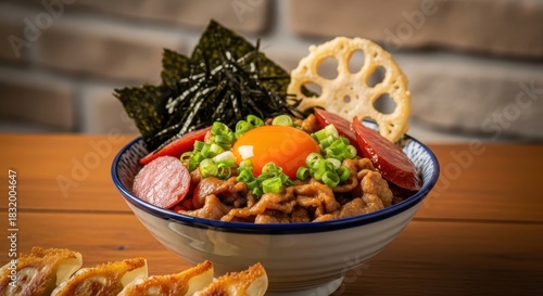 A medium close-up, slightly elevated shot of a Thai-inspired savory meat rice bowl, featuring succulent sliced pork and sausage with a raw egg yolk