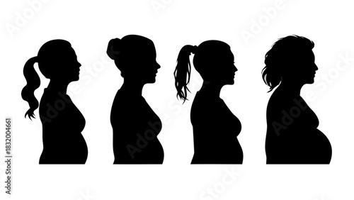 Black silhouette of pregnant women with different hairstyles: straight hair, curly hair, ponytail. Vector illustration .vector icon
