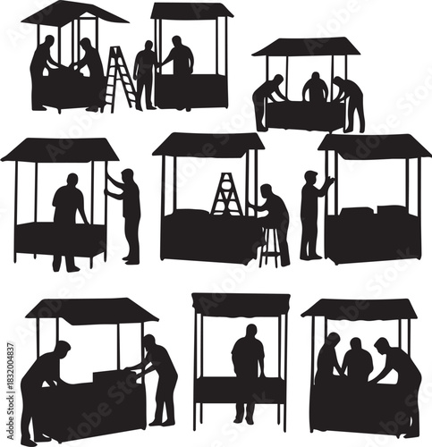 Volunteers setting up market stalls celebrating international volunteer day community event preparation