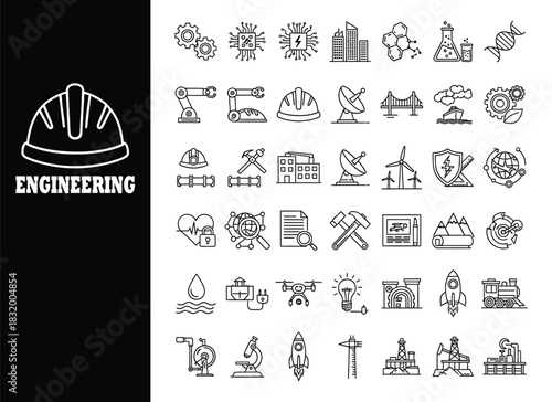 Engineering icons including gears robot arms hard hat bridge and D N A technology industry