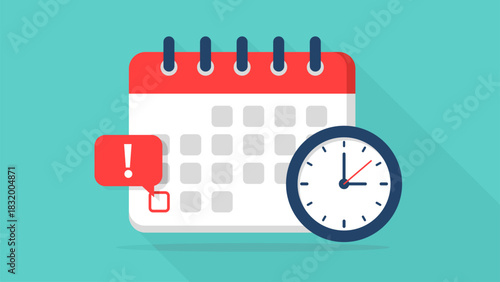 A clean flat-style illustration of a calendar with a clock and an alert notification icon, symbolizing reminders, deadlines, schedules, time management, planning, and important events.