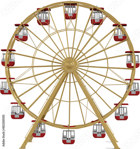 Realistic 3D Vector Illustration of a Golden Ferris Wheel with Red and White Cabins, Representing Fun, Carnival, and Amusement Park Rides