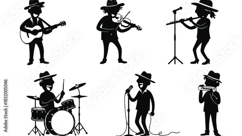 Silhouette music band musicians playing instruments vector art
