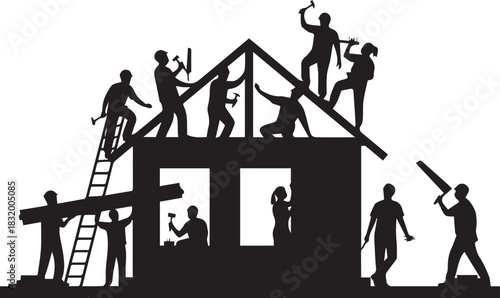 Diverse volunteers collaborate building house international volunteer day concept community support