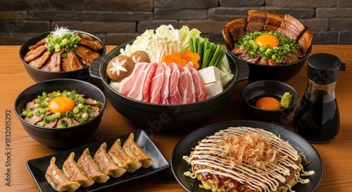 A Japanese food feast featuring a variety of dishes, including okonomiyaki, ramen, gyoza, pork bowl and a hot pot, all set on a dark wood table