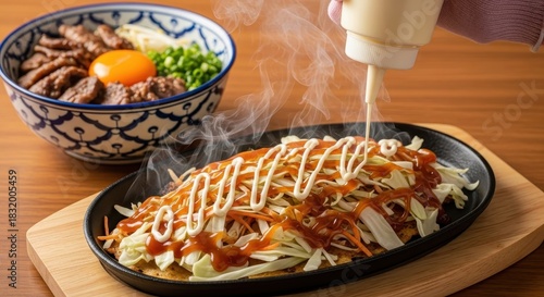 Delicious Japanese Cuisine A Mouthwatering Combination of Grilled Okonomiyaki and a Delectable Bowl of Rice with Tender Beef and a Sunny-Side-Up Egg