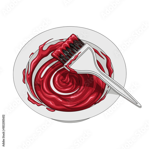Hair dye bowl and brush with red dye in a circular dish  