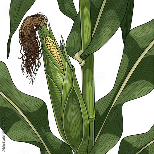 Corn stalk close-up with green leaves and silk strands on top  