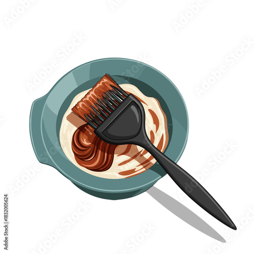 Hair dye bowl and brush with mixture in modern style  