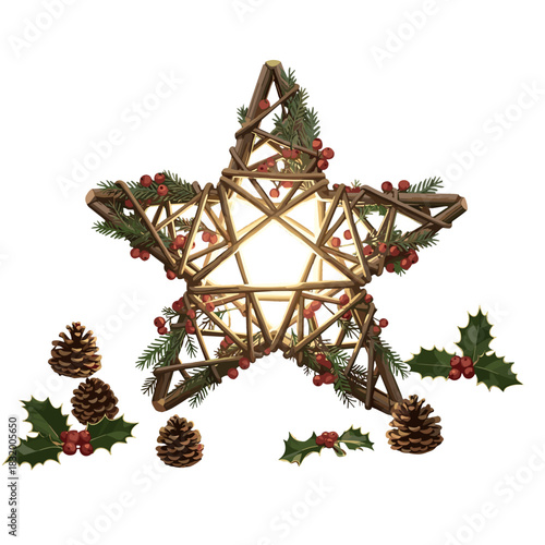 Christmas star on table with holly and pine cones in festive setting  