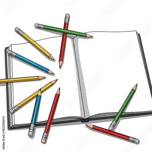 Open sketchbook with pencils scattered in colorful arrangement  