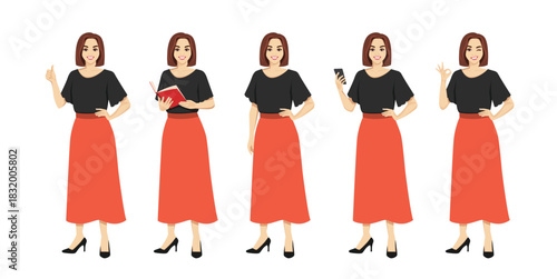 Business young woman in skirt standing in half-turn pose with various gestures. Isolated vector illustrations set.