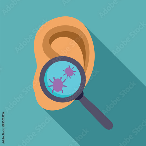 Human ear showing a mite infestation under a magnifying glass