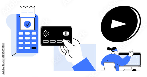 Hand holding a card near a payment terminal, screen work setup, and play button. Ideal for business, digital payment, e-commerce, online learning, fintech, user experience simple flat metaphor