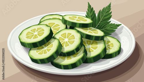 Sliced cucumber on plate with green leaves and wooden background  