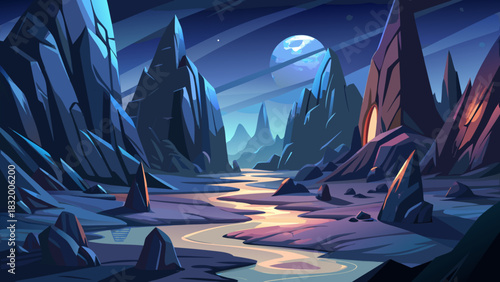 Dark silent valley filled with towering black rocks, sharp shadows, cold air, and a deep unsettling stillness spreading across the rugged nighttime landscape