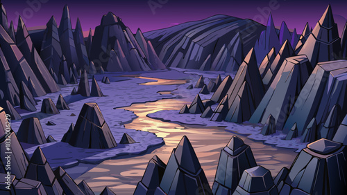 Dark silent valley filled with towering black rocks, sharp shadows, cold air, and a deep unsettling stillness spreading across the rugged nighttime landscape