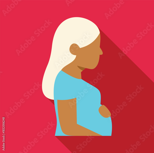 Pregnant woman in blue shirt, showing her baby bump, on a red background