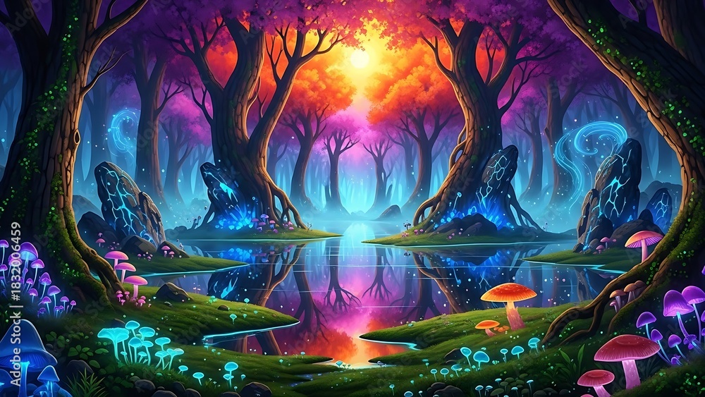 Fototapeta premium Magical enchanted forest landscape with glowing mushrooms and mystical trees reflecting in water