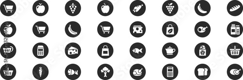 Collection of white grocery and shopping icons on black circles food apple