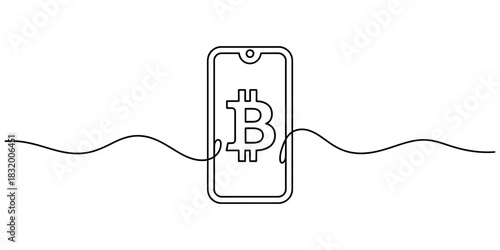 Continuous line drawing of a smartphone displaying a bitcoin symbol, illustrating concepts of cryptocurrency, mobile digital finance, and blockchain technology investment. Vector, illustration
