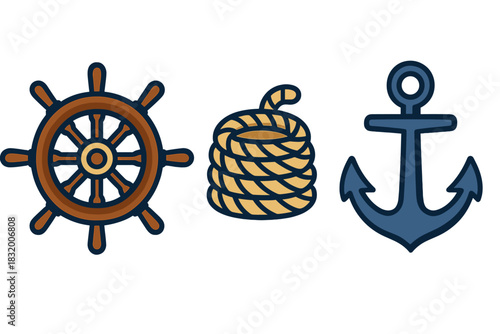 Symbols of nautical life including a ship's wheel, rope, and anchor displayed in a vibrant design for marine-themed decor and crafts