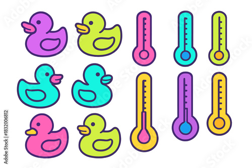 Colorful cartoon ducks and thermometers in vibrant hues on a clean background