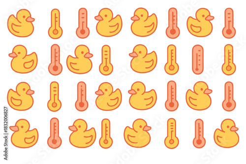 Colorful pattern of rubber ducks and thermometers arranged in neat rows for playful design