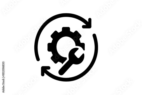 Symbol for maintenance and repair with gears and tools signifying ongoing support and improvement