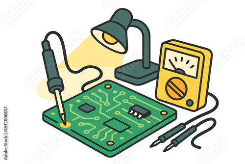 Circuit board assembly in a workshop with a soldering iron and multimeter under a lamp during the evening