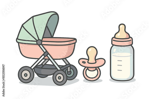 Baby essentials including stroller, pacifier, and bottle displayed together in a simple and colorful design