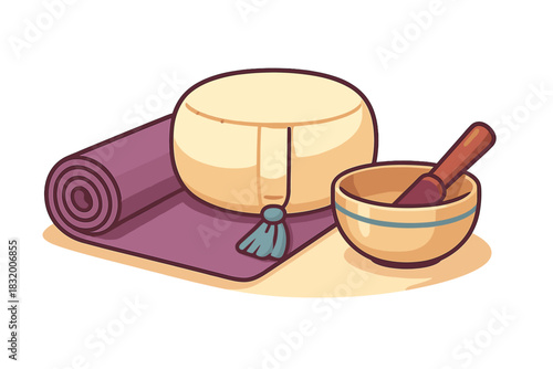 Meditation setup with cushion, mat, and singing bowl for mindfulness practice at home