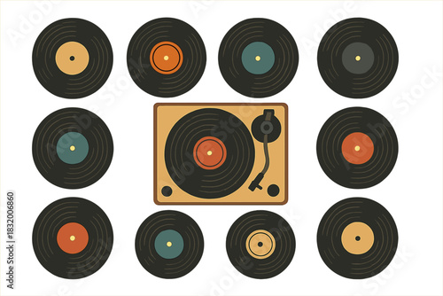 Vinyl records and turntable arranged in an artistic display representing music culture and nostalgia