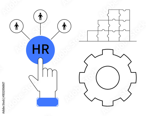 Human resources concept. Visualizing workforce management with HR, a gear efficiency, puzzle pieces collaboration, and icons organizational structure. Ideal for HR tools, recruitment, teamwork