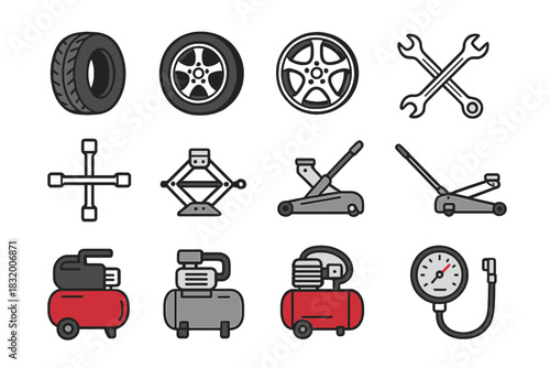 Various tools and equipment for automotive maintenance and repair in a simple graphic layout