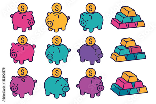 Colorful piggy banks with coins and shiny gold bars arranged in a fun layout on a white background