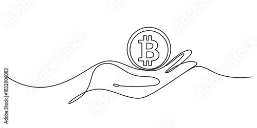 Continuous line drawing of a hand cradling a bitcoin cryptocurrency coin, symbolizing digital currency transactions, investment, and future finance. Vector, illustration