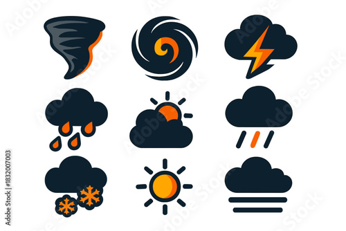 Weather symbols depicting various conditions including storms, sunshine, and snow in a clear design