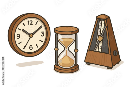 Different time measuring tools arranged together including a clock, hourglass, and metronome in a simple design setting