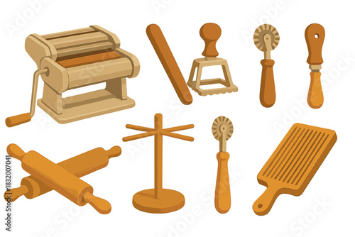 Wooden kitchen tools for baking and pasta making on a simple workspace