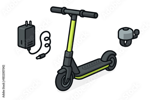 Electric scooter with charger and bell available for urban commuting and leisure rides in modern settings